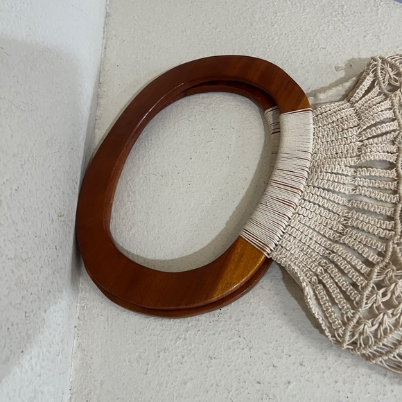Vintage Two Wood Handles Cream Hand Woven Mini Handbag Purse Clutch - Picture 12 of 13
